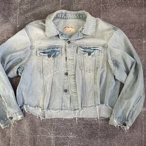 Women's Free People We The Free Distressed Blue Denim Cropped Jean Jacket Sz M